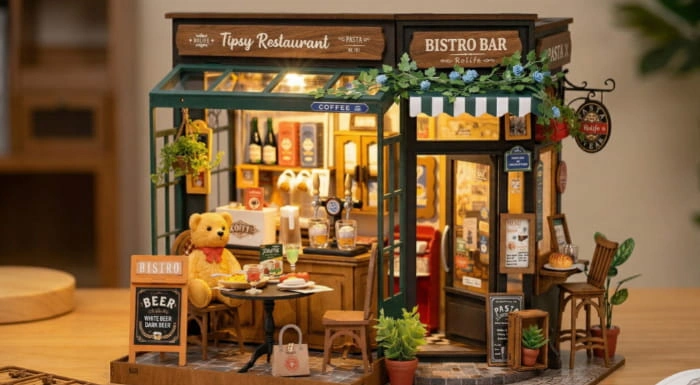 Detailed miniature house featuring a cozy bistro café with warm lighting, outdoor seating, decorative greenery, and realistic storefront details, showcasing intricate craftsmanship, DIY miniature building, scale model design, and charming dollhouse-style décor.