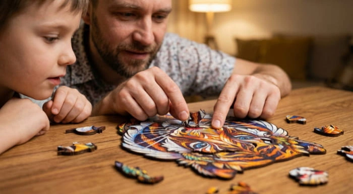 Father and son assembling a colorful wooden animal puzzle together at a table, carefully fitting unique interlocking pieces to complete a vibrant tiger design, showcasing family bonding, problem-solving skills, creative play, and an engaging screen-free activity.