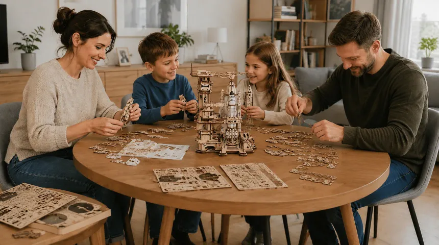 Happy family assembling an intricate wooden model kit together at a dining table during a fun hobby day, showcasing creativity, teamwork, and hands-on learning. The scene highlights premium diy hobby kits, educational construction sets, STEM activities, family bonding, puzzle building, and model-making projects—perfect for customers searching a hobby shop online, exploring craft kits online, or looking to buy hobby kits for all ages.