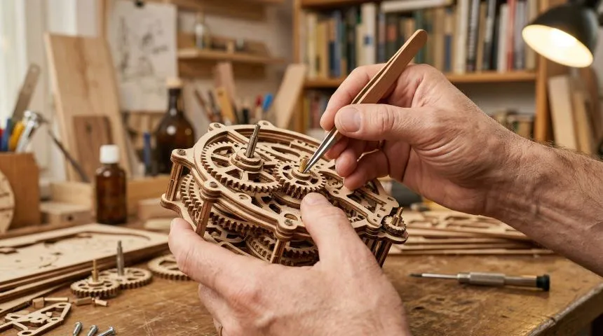 Close-up of hands assembling a precision wooden mechanical gear model in a workshop, demonstrating creativity, craftsmanship, and engineering skills with premium diy hobby kits. Detailed laser-cut components, gears, and assembly tools highlight a rewarding hobby day project, ideal for makers, model builders, and DIY enthusiasts searching a hobby shop online, browsing craft kits online, or looking to buy hobby kits for educational, STEM-focused, and hands-on creative experiences.