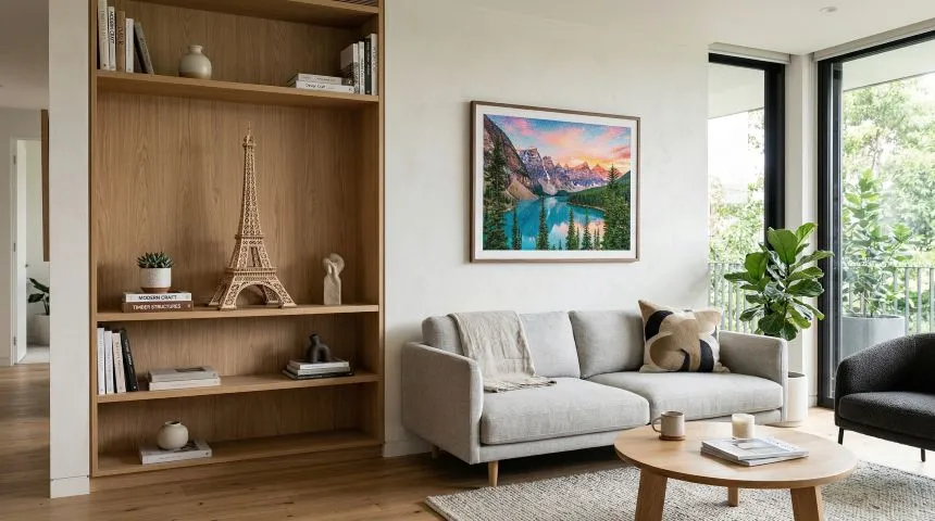 Stylish modern living room featuring a handcrafted wooden Eiffel Tower model displayed on a bookshelf, adding a personal touch to the home décor. This elegant DIY project showcases the creativity and craftsmanship of premium diy hobby kits, making it a perfect inspiration for a relaxing hobby day. Ideal for design enthusiasts exploring a hobby shop online, browsing craft kits online, or looking to buy hobby kits that combine architectural model building, creative hobbies, mindful crafting, and decorative keepsake projects.