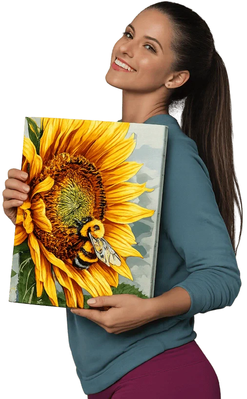 Smiling woman proudly holding a vibrant sunflower and bumblebee artwork created through a creative DIY painting project. This inspiring scene captures the joy of a relaxing hobby day, showcasing the artistic results possible with premium diy hobby kits. Perfect for craft lovers searching a hobby shop online, exploring craft kits online, or looking to buy hobby kits for paint-by-numbers, canvas art, creative expression, mindful crafting, home décor projects, and handmade artistic experiences.