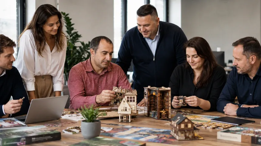 Team of coworkers collaborating around a table while assembling detailed DIY miniature house kits in a modern office, showcasing creative teamwork, hands-on crafting, hobby projects, model building, and workplace engagement.