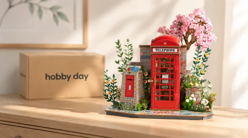 Hobby store promo codes banner featuring a beautifully crafted miniature house with a classic red telephone booth, displayed in a bright home-inspired workspace, highlighting free shipping offers, DIY craft kits, creative hobbies, collectible models, and gift ideas