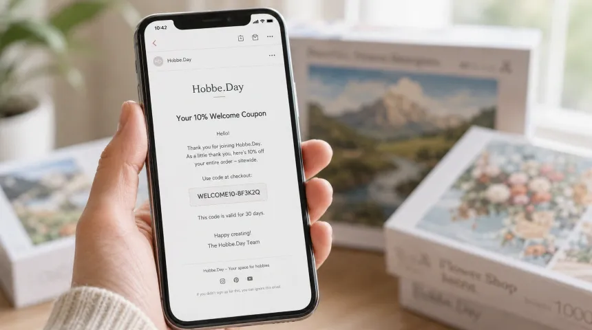 Hobby day discounts welcome coupon displayed on a smartphone screen, featuring a 10% new customer offer for creative hobbies including diamond painting, paint by numbers, book nooks, miniature houses, 3D puzzles, and wooden jigsaw puzzles in a bright home setting