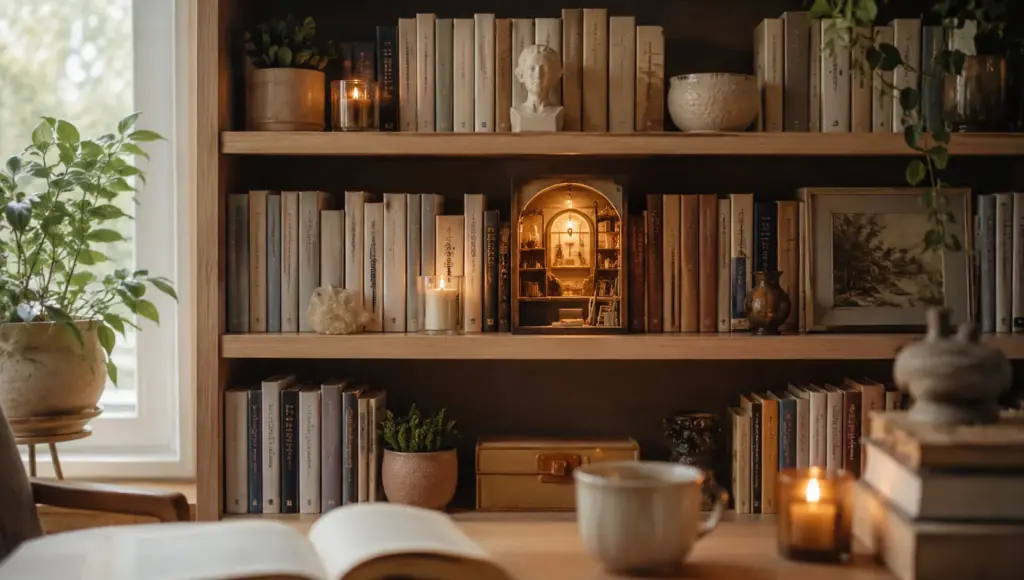 Aesthetic shelf styling with illuminated book nook decor