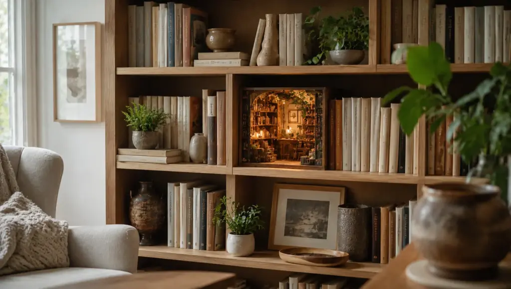 Aesthetic shelf styling with cozy book nook lighting