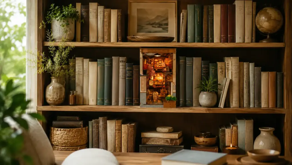 Aesthetic shelf styling with layered bookshelf decor