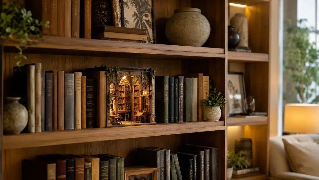 Aesthetic shelf styling featuring illuminated book nook focal point