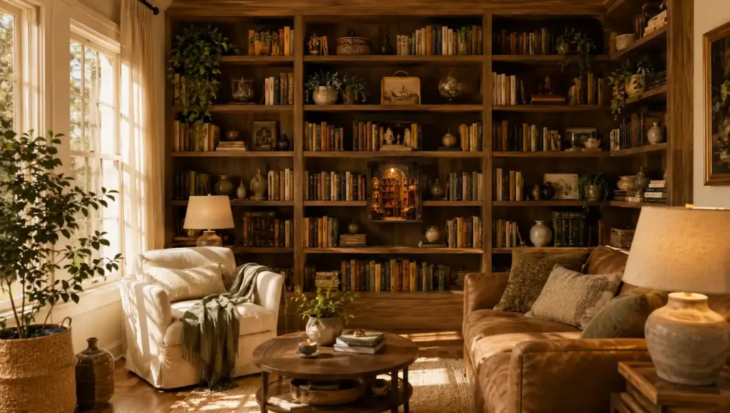 Bright aesthetic shelf styling in a cozy home library