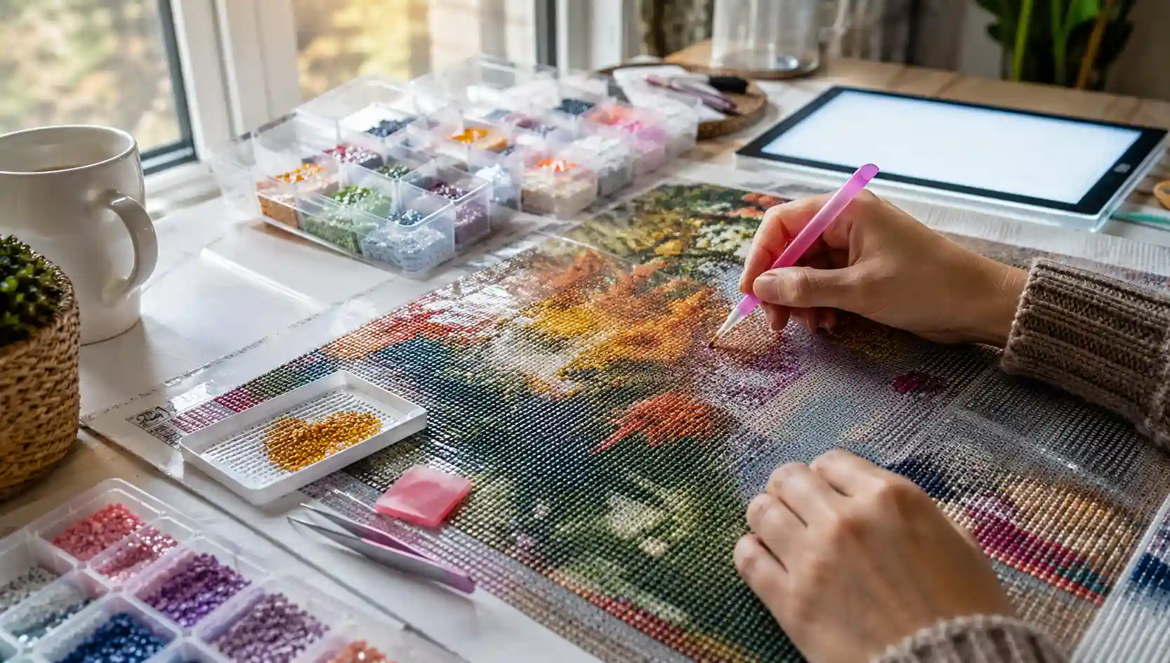 diamond painting workspace with tools and straight drills
