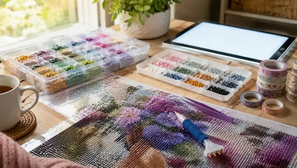Diamond Painting Tips 4 diamond painting accessories organized on hobby desk