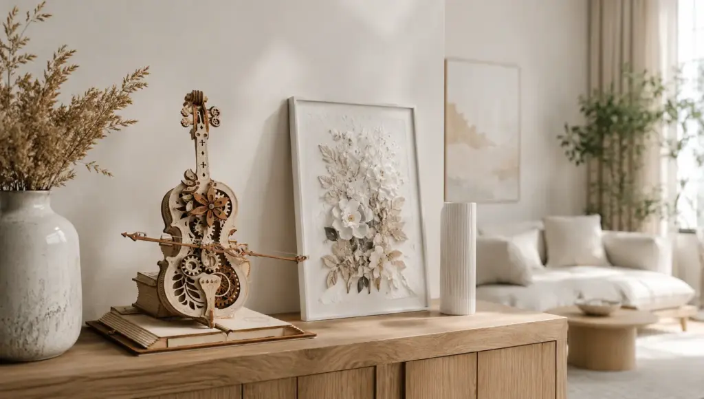Modern minimalist interior with handmade decor accents