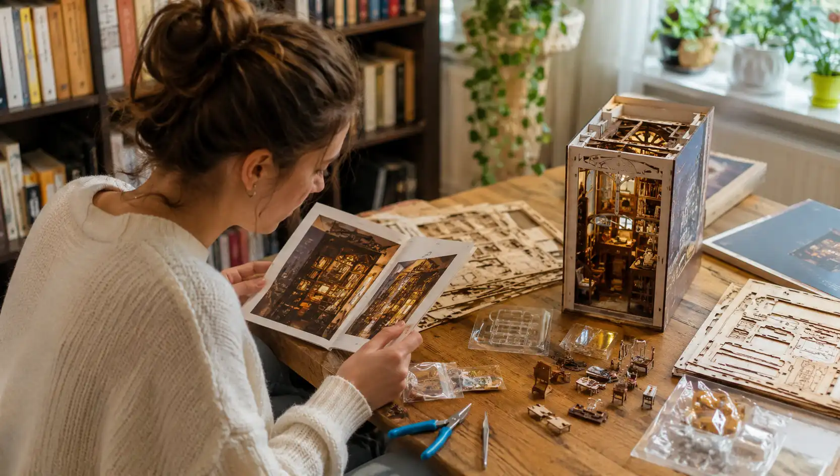 beginner comparing book nook kit components on desk