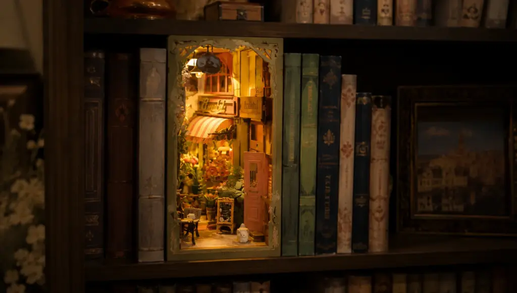 illuminated miniature alley book nook on shelf