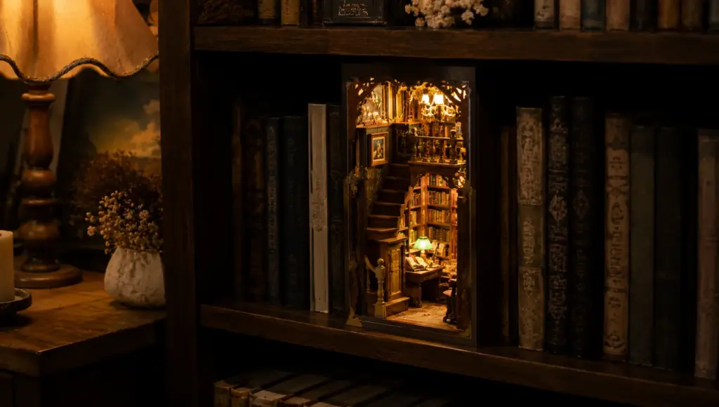 finished library themed book nook on bookshelf