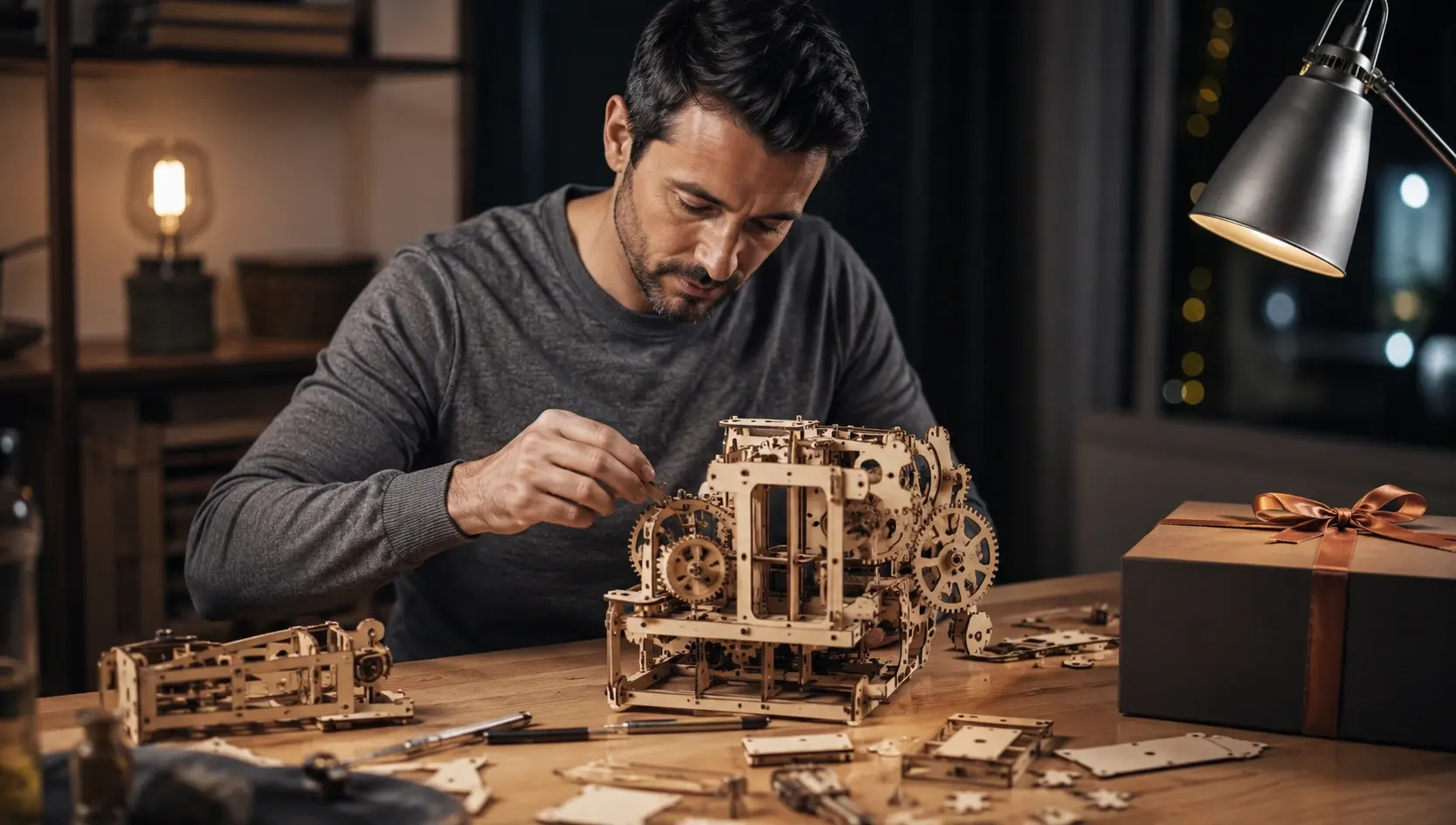 man building mechanical wooden model kit at hobby desk
