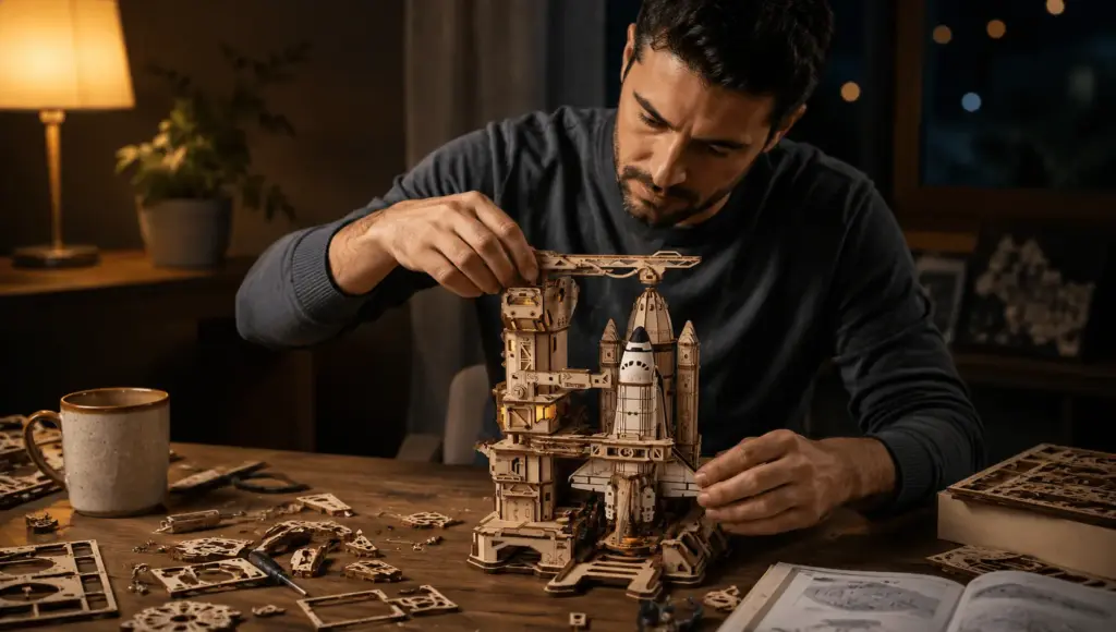 adult assembling mechanical puzzle model at home